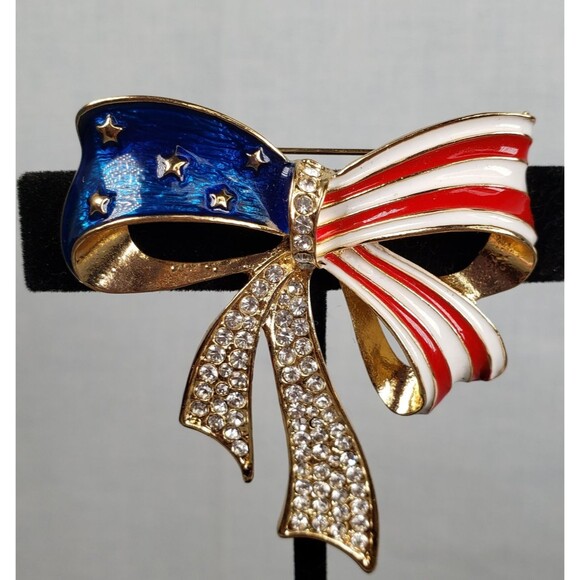 Red White & Blue Enamel Striped Gold Bow Rhinestones and Gold Stars Brooch - Picture 10 of 16